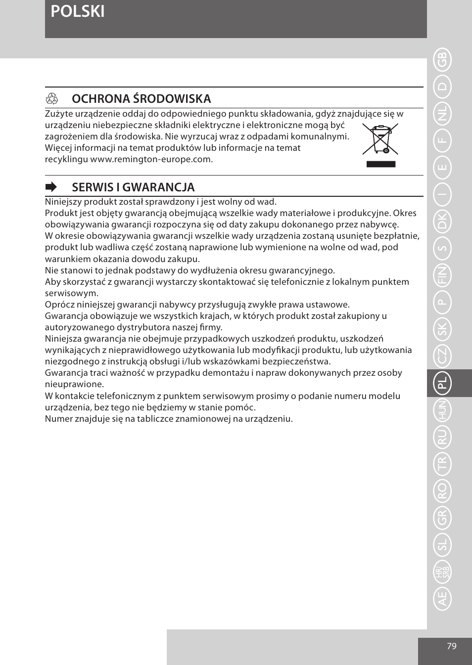 Polski, Hochrona środowiska, Eserwis i gwarancja | Remington EP7020 User Manual | Page 79 / 132