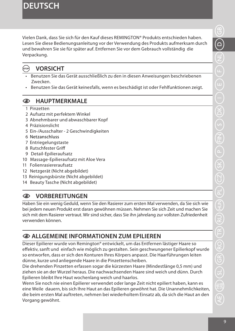 Deutsch, Avorsicht, Chauptmerkmale | Cvorbereitungen, Callgemeine informationen zum epilieren | Remington EP7020 User Manual | Page 9 / 132