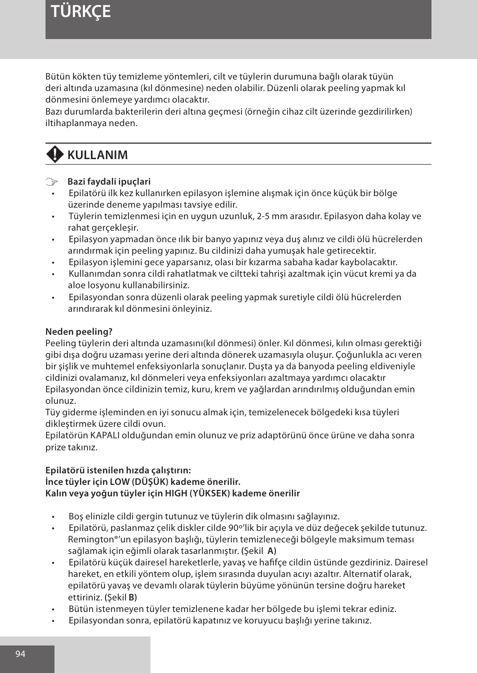 Türkçe, Kullanim | Remington EP7020 User Manual | Page 94 / 132