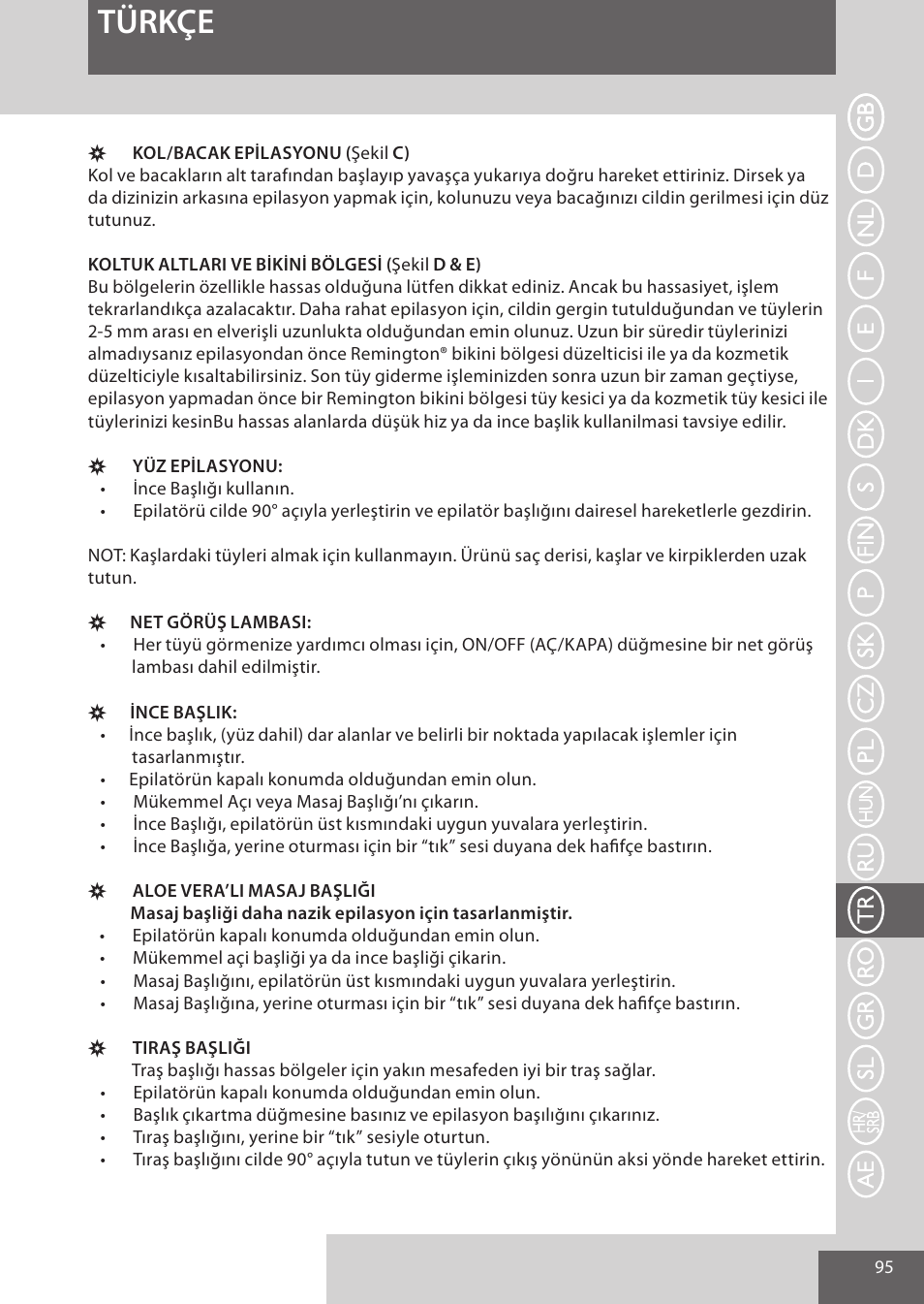 Türkçe | Remington EP7020 User Manual | Page 95 / 132