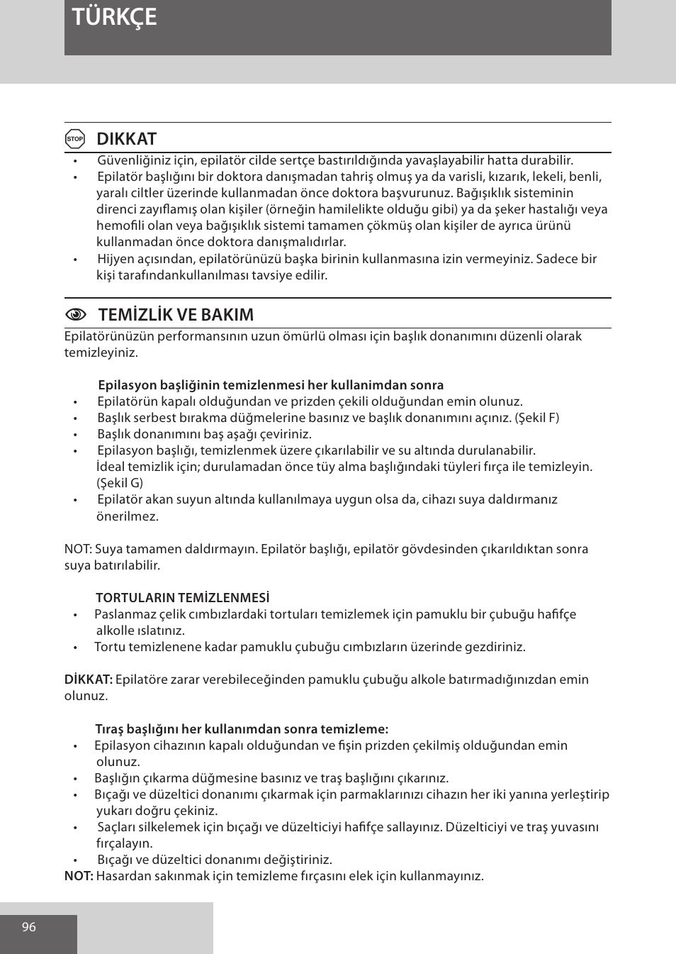 Türkçe, Adikkat, Ctemizlik ve bakim | Remington EP7020 User Manual | Page 96 / 132