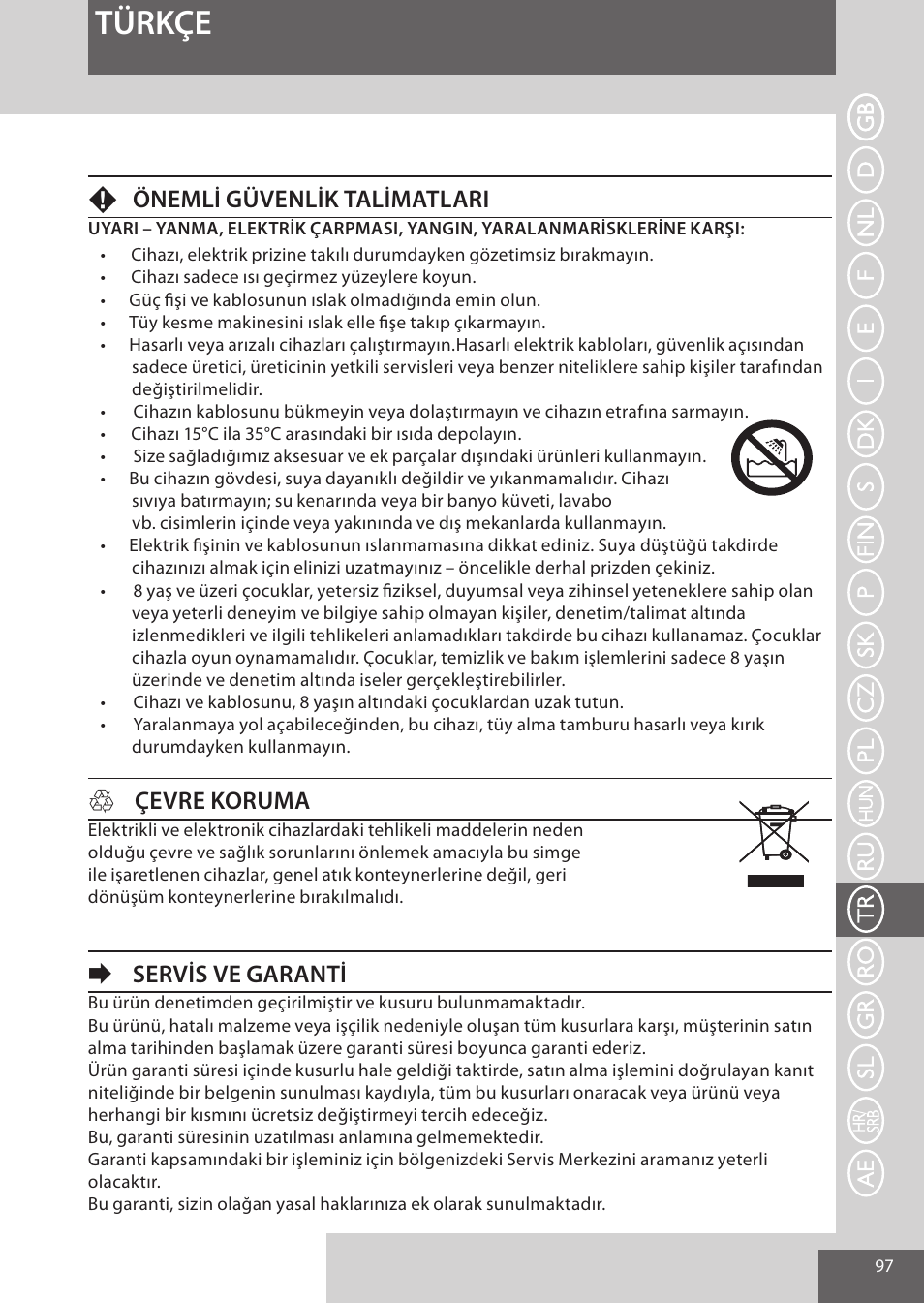 Türkçe, Fönemli güvenlik talimatlari, Hçevre koruma | Eservis ve garanti | Remington EP7020 User Manual | Page 97 / 132