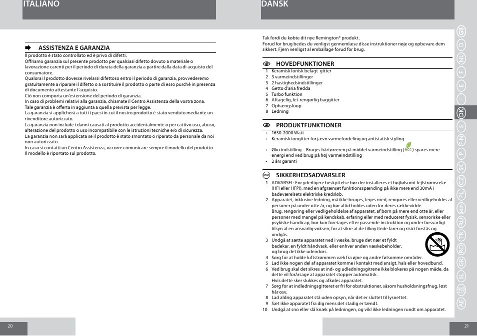 Italiano dansk | Remington D3010 User Manual | Page 11 / 37