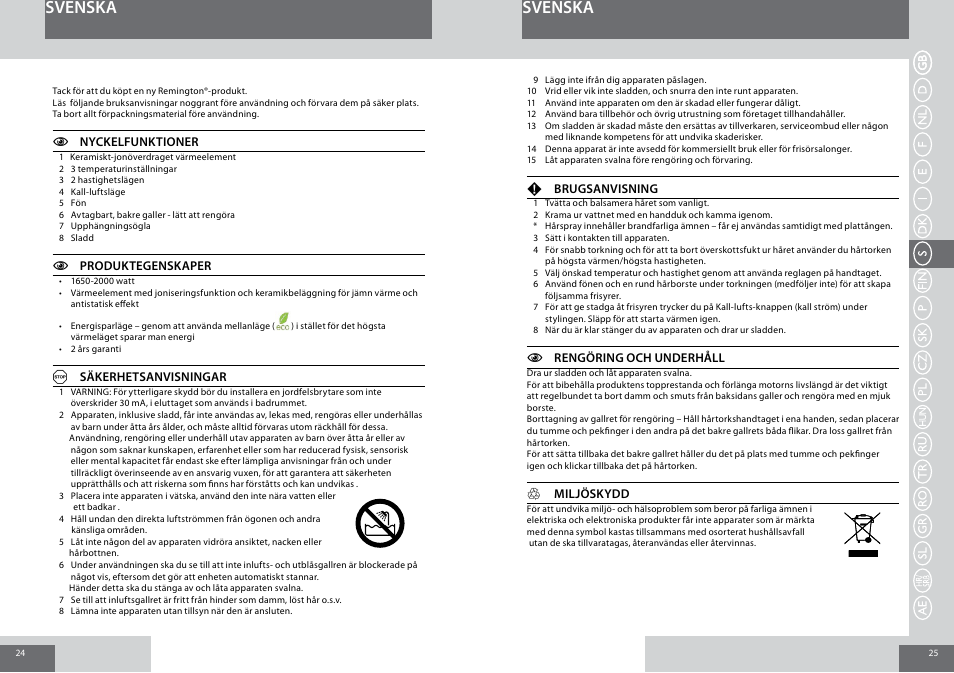 Svenska | Remington D3010 User Manual | Page 13 / 37