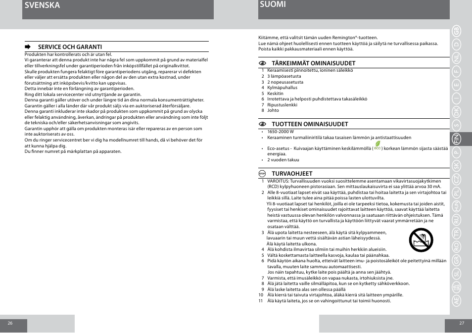 Svenska suomi | Remington D3010 User Manual | Page 14 / 37