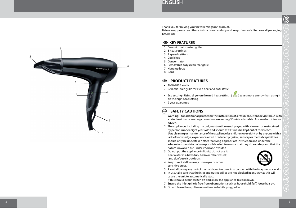 English | Remington D3010 User Manual | Page 2 / 37