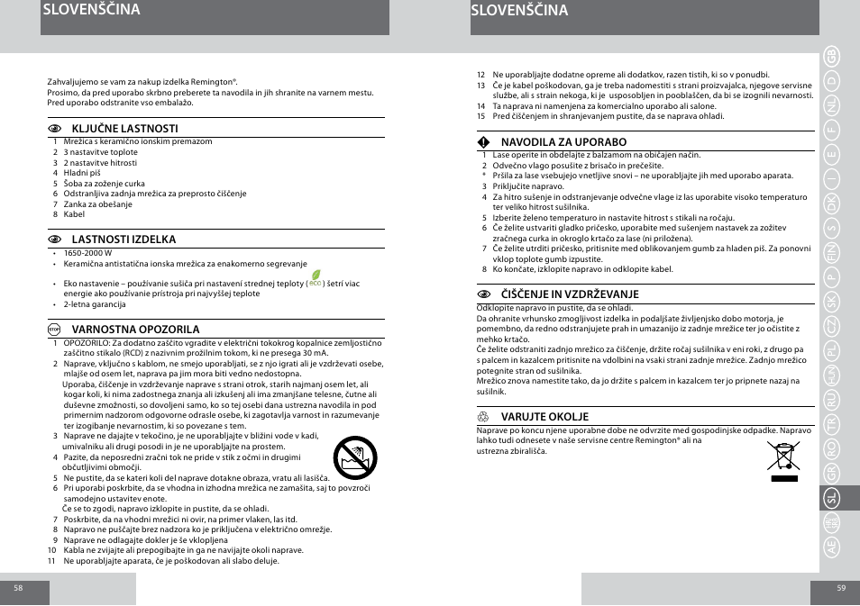 Slovenščina | Remington D3010 User Manual | Page 30 / 37