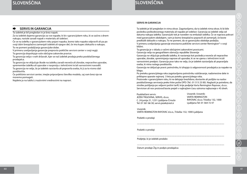 Slovenščina | Remington D3010 User Manual | Page 31 / 37