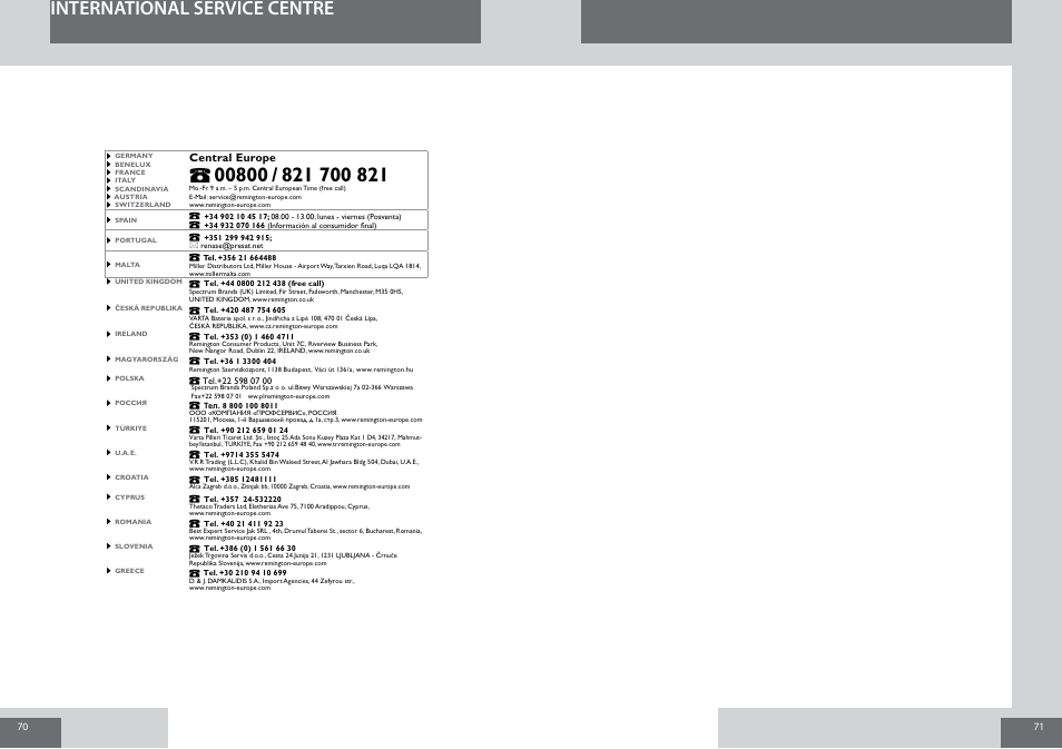 International service centre, Central europe | Remington D3010 User Manual | Page 36 / 37