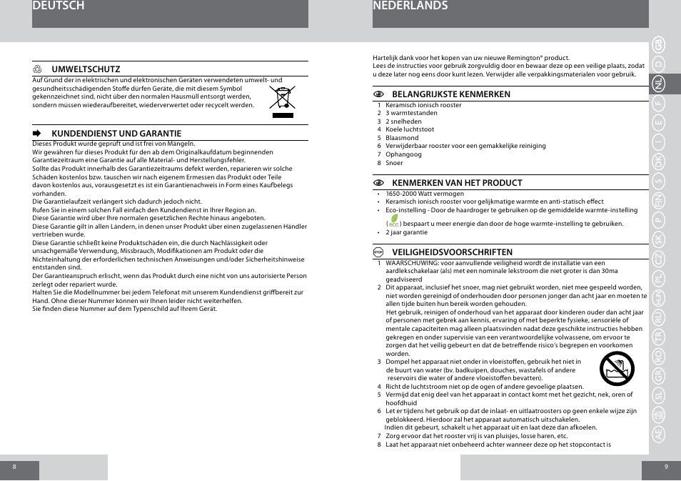 Nederlands deutsch | Remington D3010 User Manual | Page 5 / 37