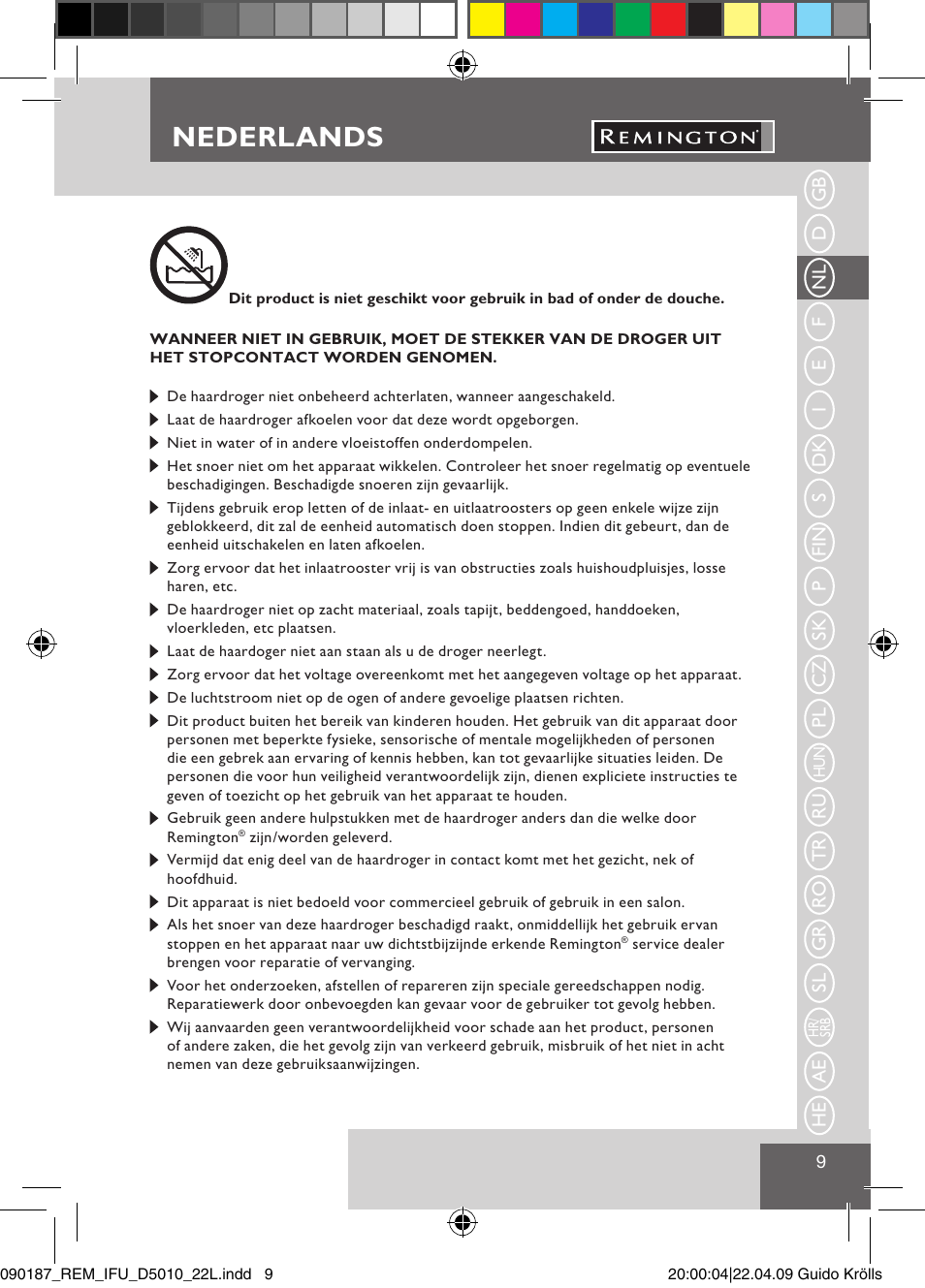 Nederlands | Remington D5010 User Manual | Page 11 / 72