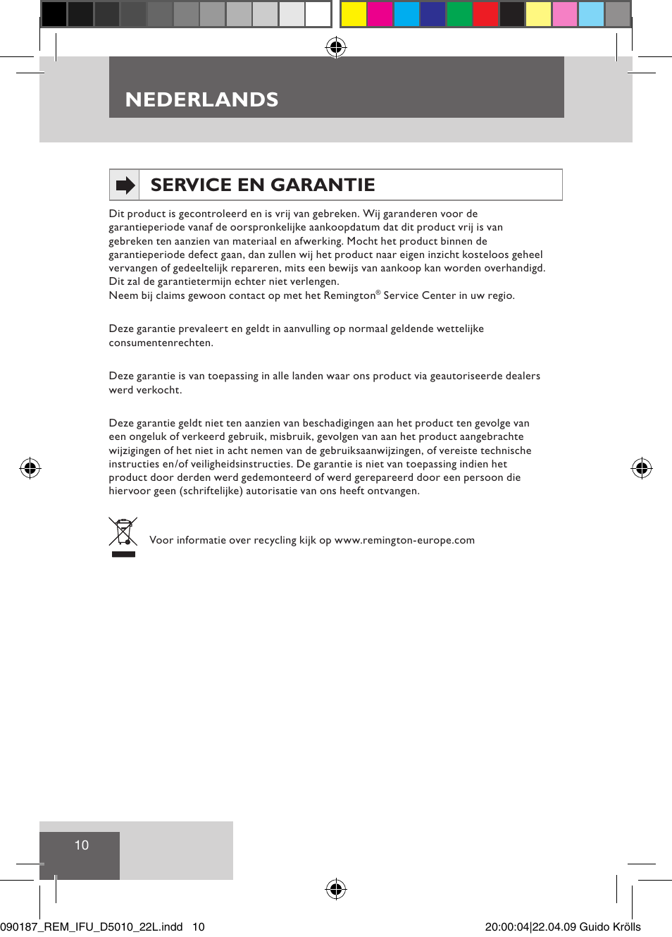 Nederlands, Service en garantie | Remington D5010 User Manual | Page 12 / 72