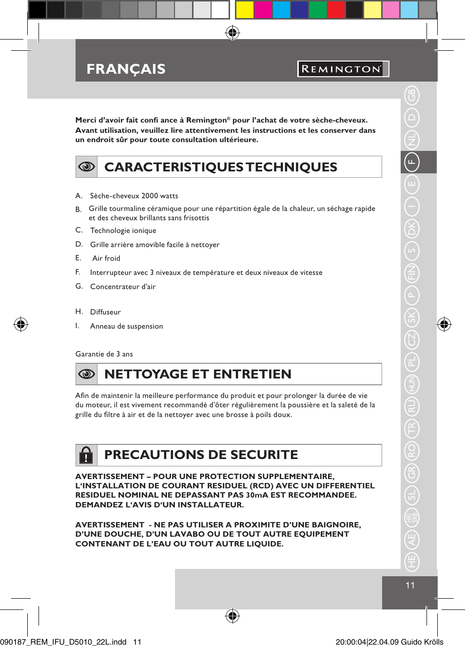 Français, Caracteristiques techniques, Nettoyage et entretien | Precautions de securite | Remington D5010 User Manual | Page 13 / 72