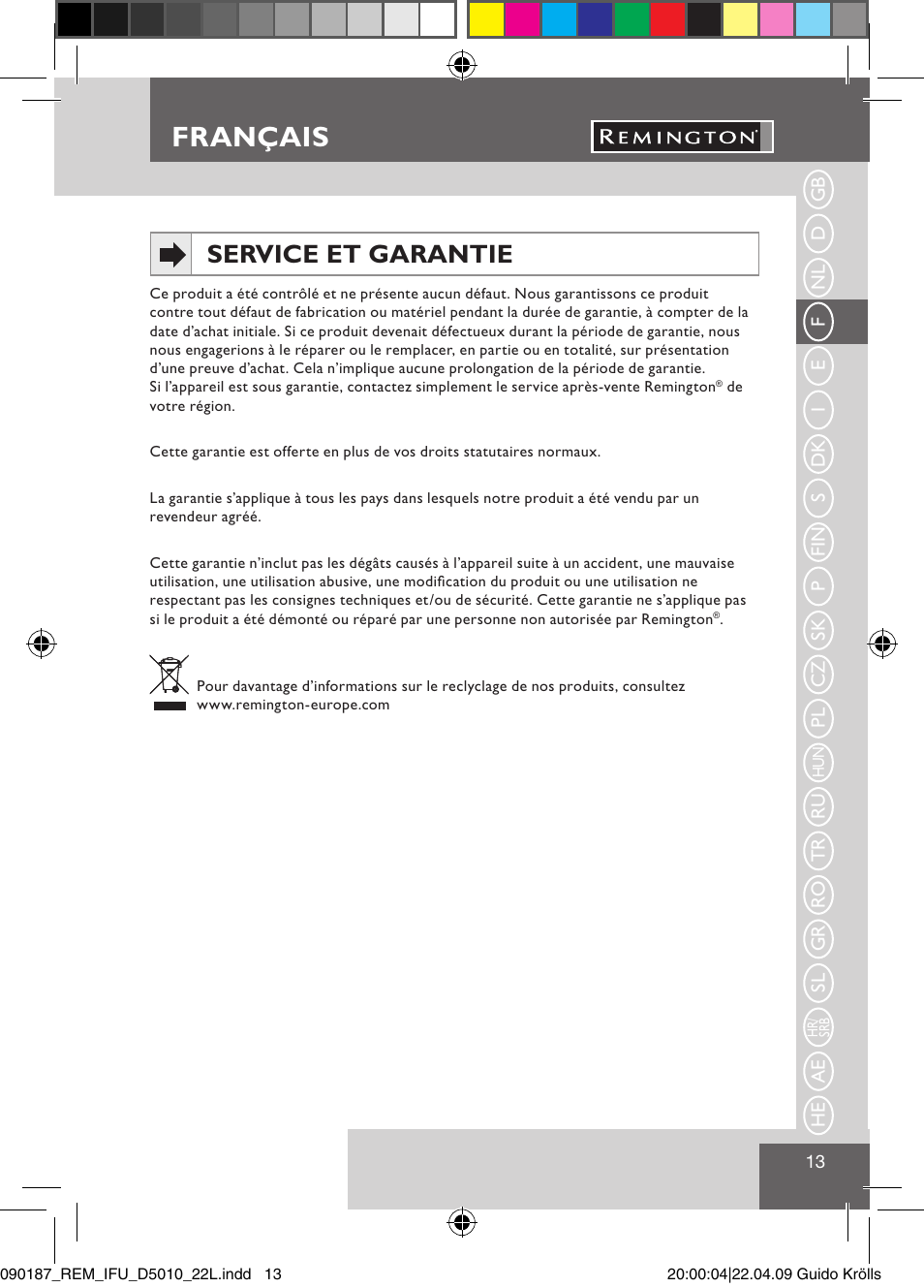 Français, Service et garantie | Remington D5010 User Manual | Page 15 / 72