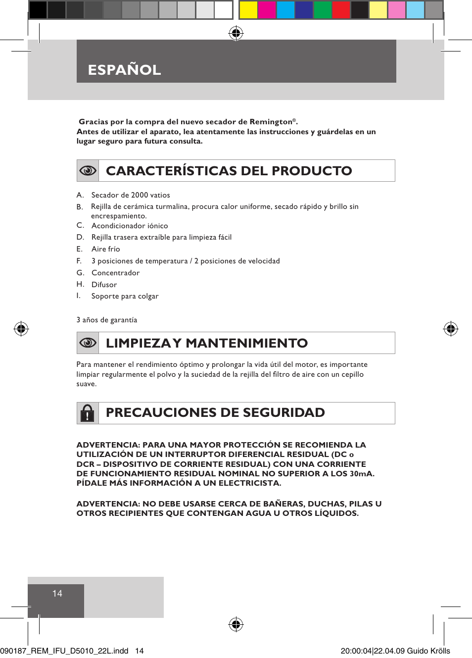 Español, Características del producto, Limpieza y mantenimiento | Precauciones de seguridad | Remington D5010 User Manual | Page 16 / 72