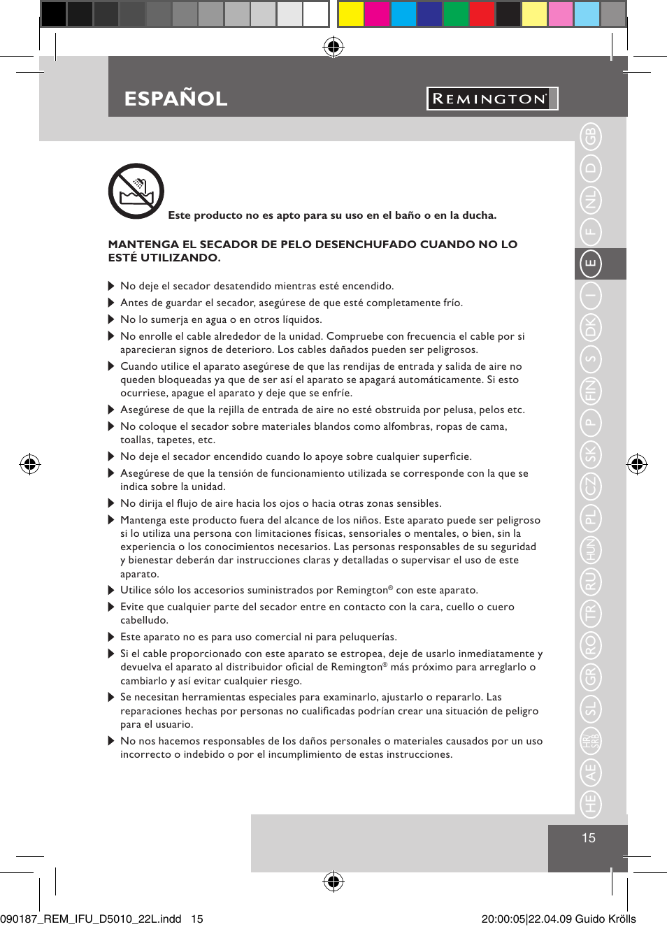 Español | Remington D5010 User Manual | Page 17 / 72