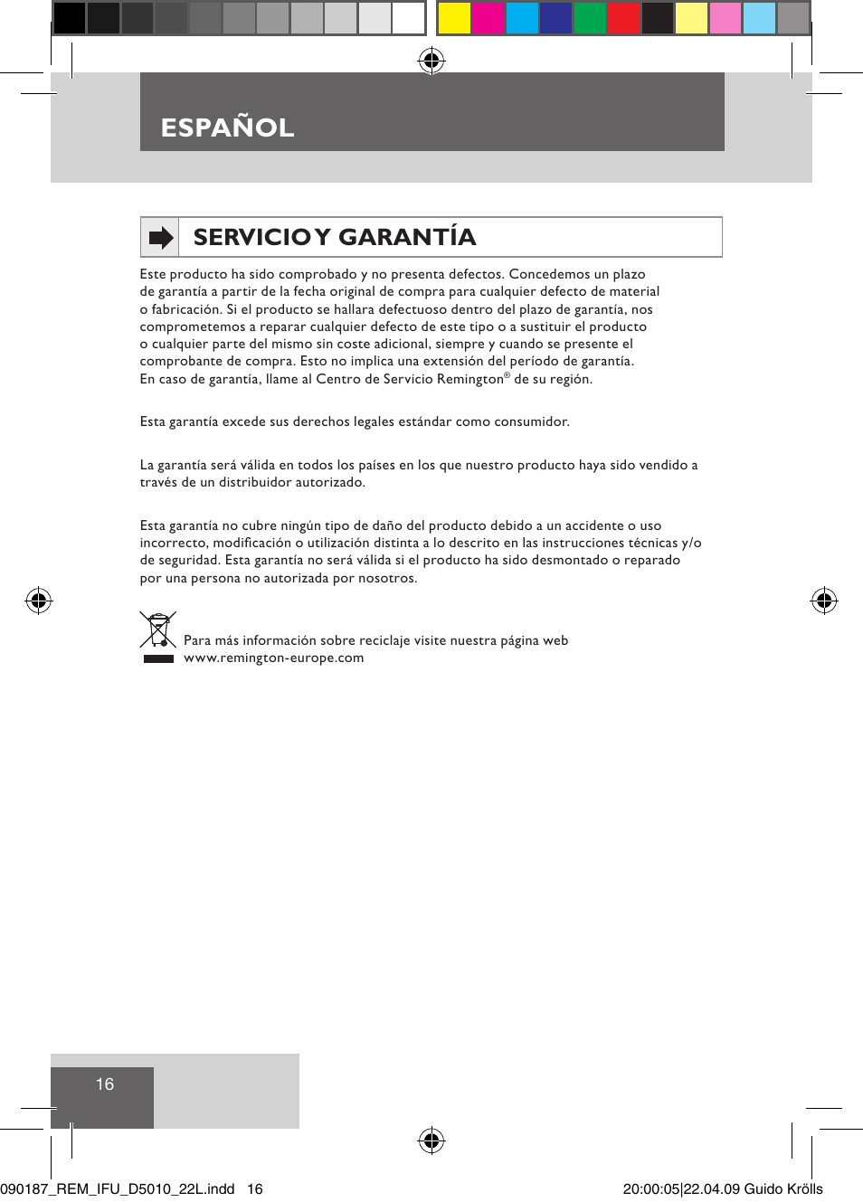 Español, Servicio y garantía | Remington D5010 User Manual | Page 18 / 72