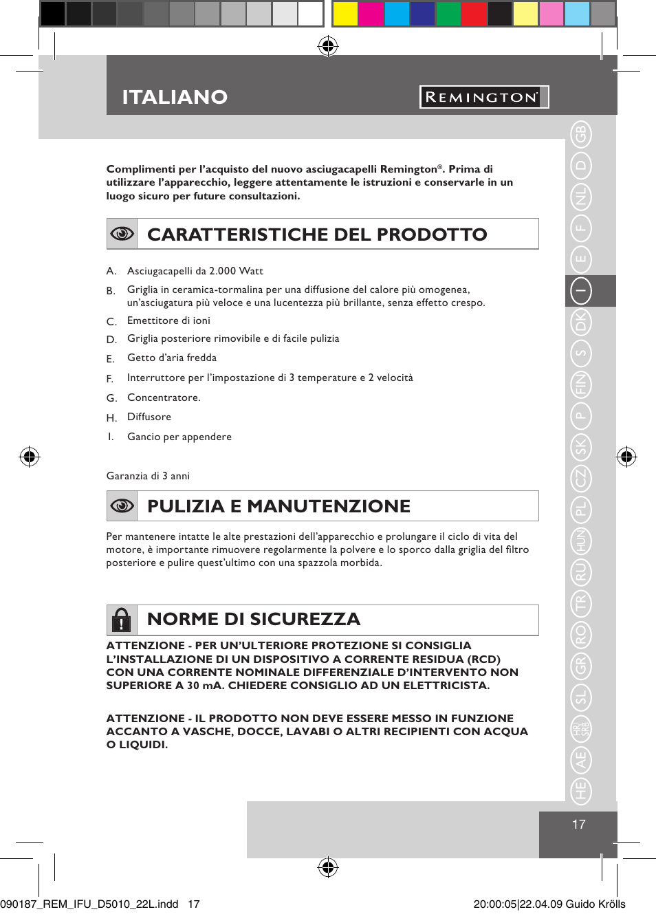 Italiano, Caratteristiche del prodotto, Pulizia e manutenzione | Norme di sicurezza | Remington D5010 User Manual | Page 19 / 72