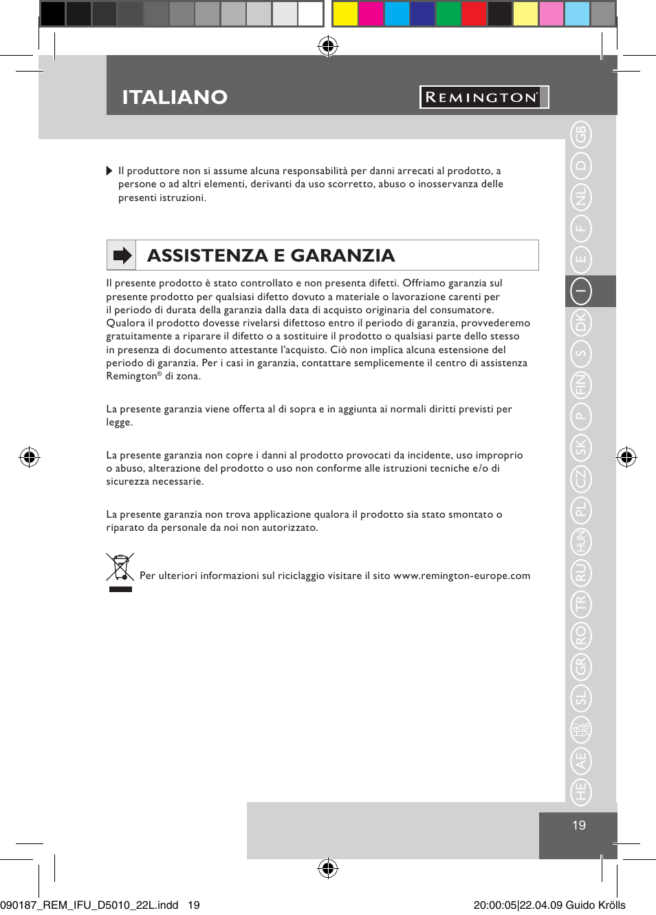 Italiano, Assistenza e garanzia | Remington D5010 User Manual | Page 21 / 72