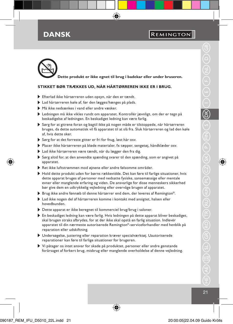 Dansk | Remington D5010 User Manual | Page 23 / 72