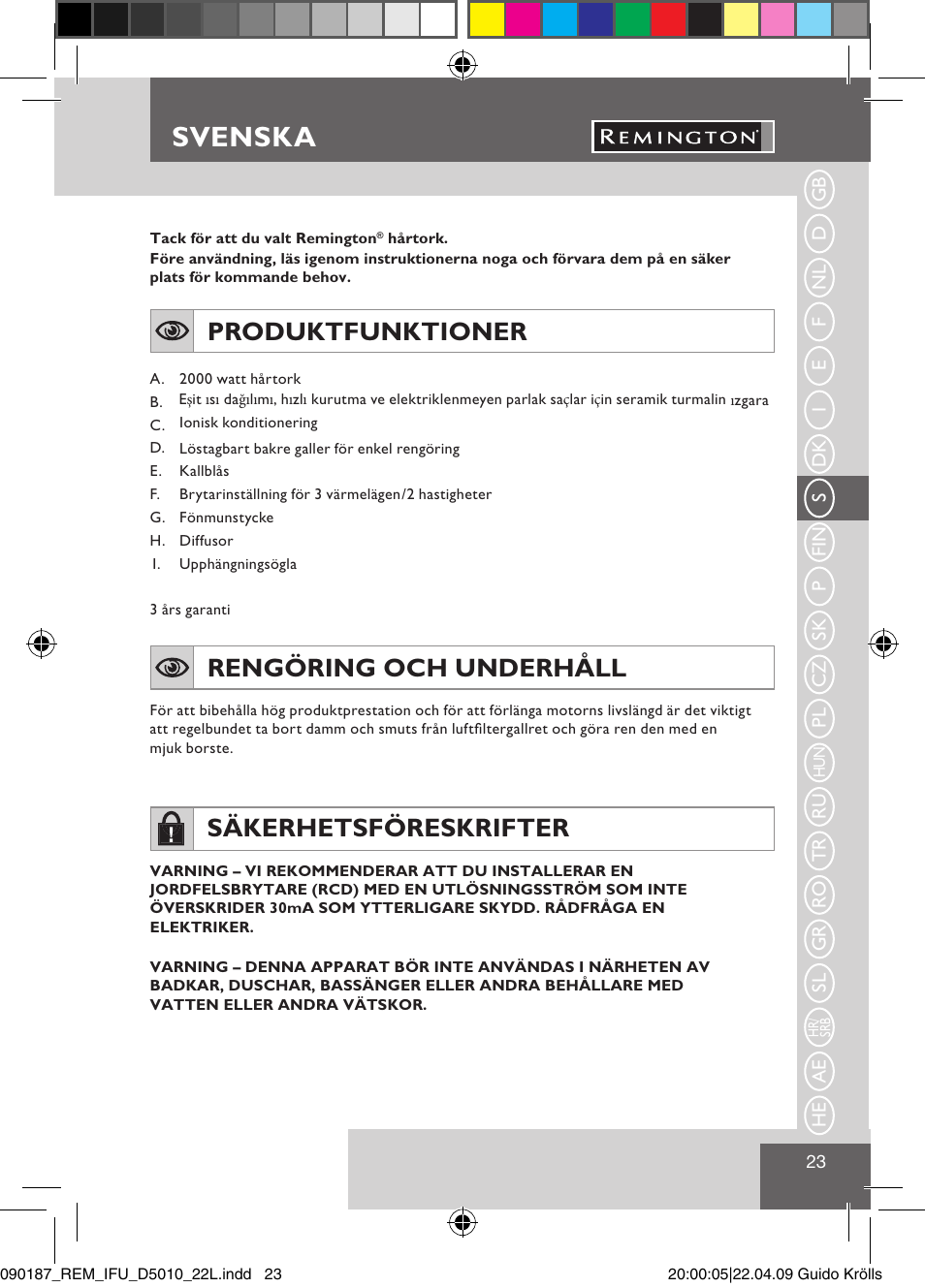 Svenska, Produktfunktioner, Rengöring och underhåll | Säkerhetsföreskrifter | Remington D5010 User Manual | Page 25 / 72