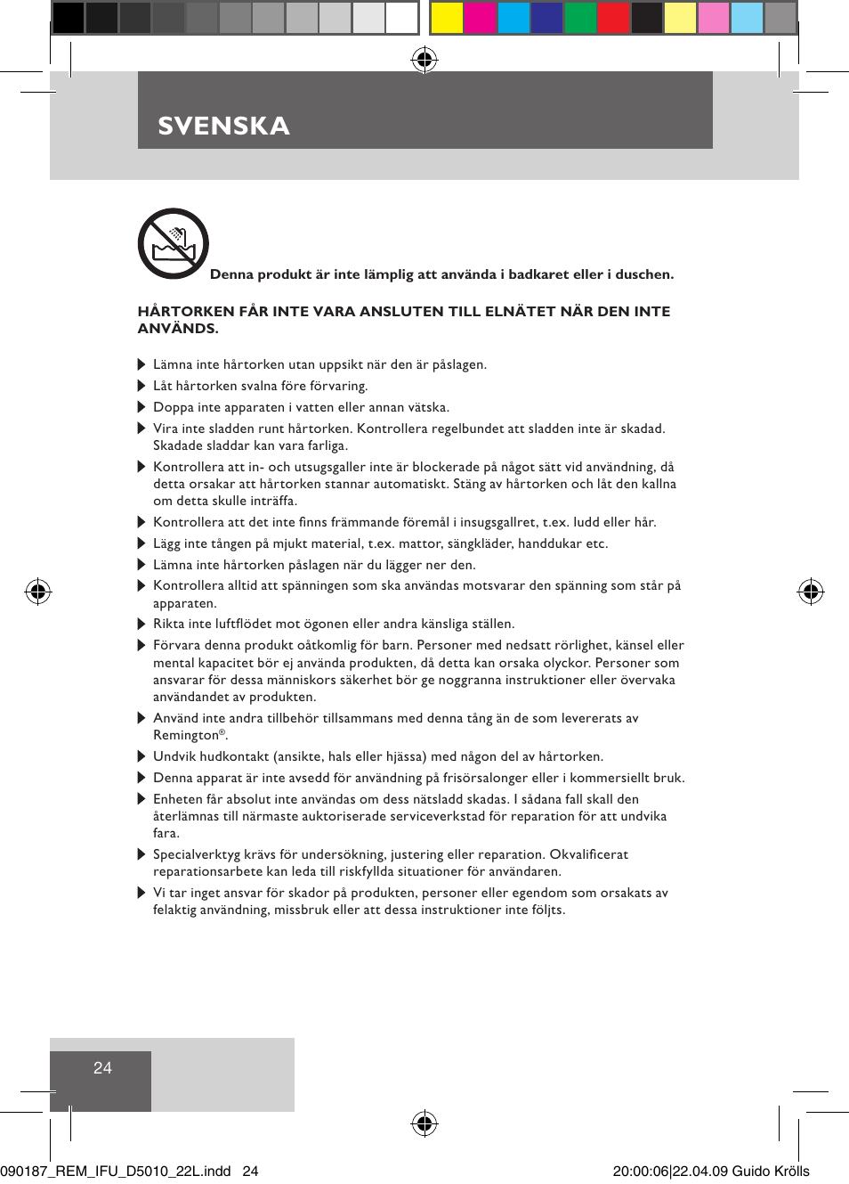Svenska | Remington D5010 User Manual | Page 26 / 72