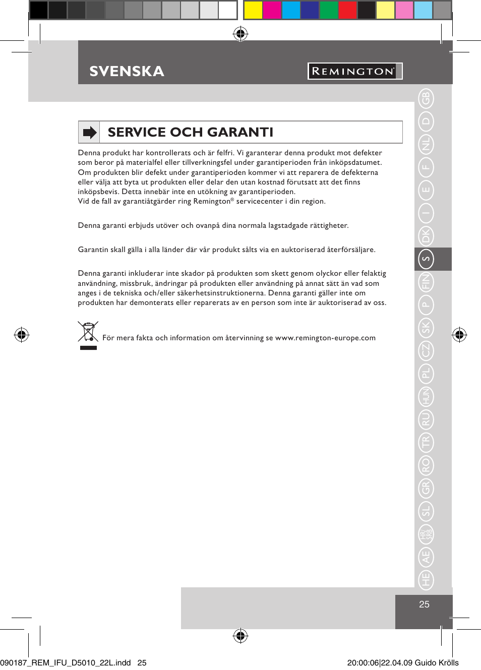 Svenska, Service och garanti | Remington D5010 User Manual | Page 27 / 72