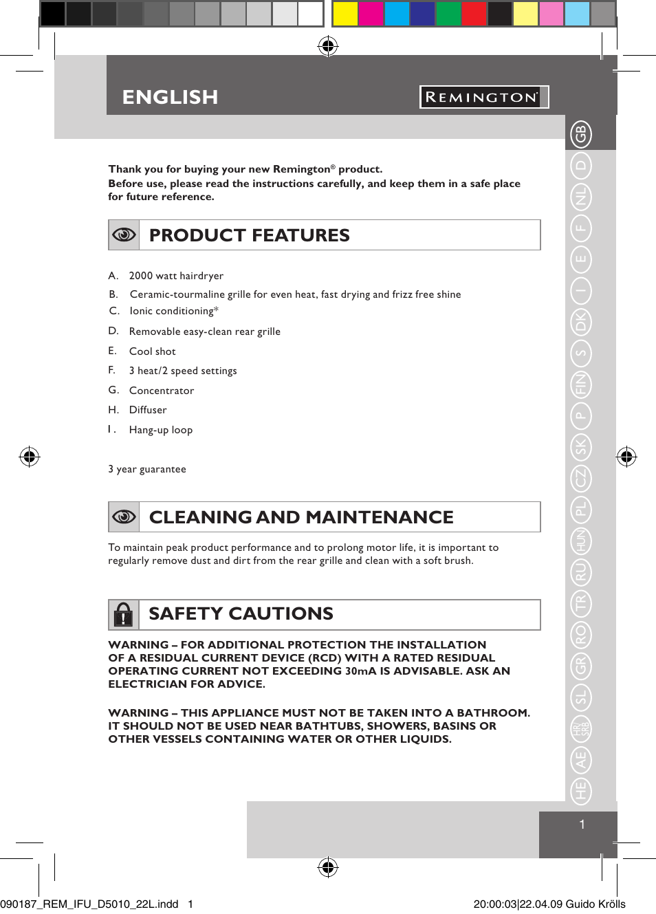 English, Product features, Cleaning and maintenance | Safety cautions | Remington D5010 User Manual | Page 3 / 72