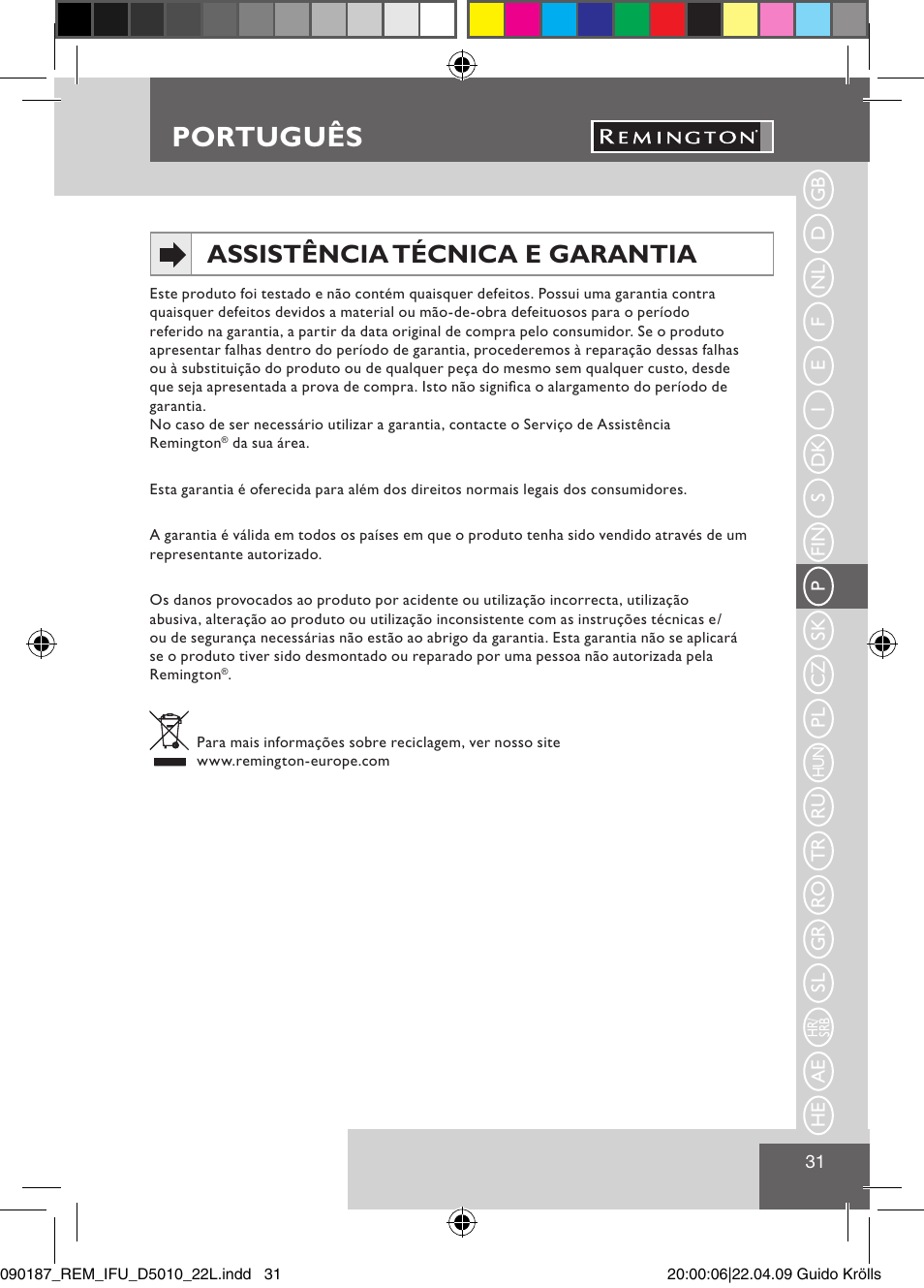 Português, Assistência técnica e garantia | Remington D5010 User Manual | Page 33 / 72