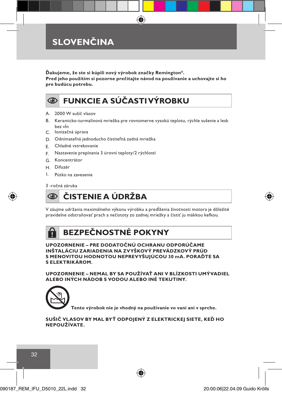 Slovenčina, Funkcie a súčasti výrobku, Čistenie a údržba | Bezpečnostné pokyny | Remington D5010 User Manual | Page 34 / 72