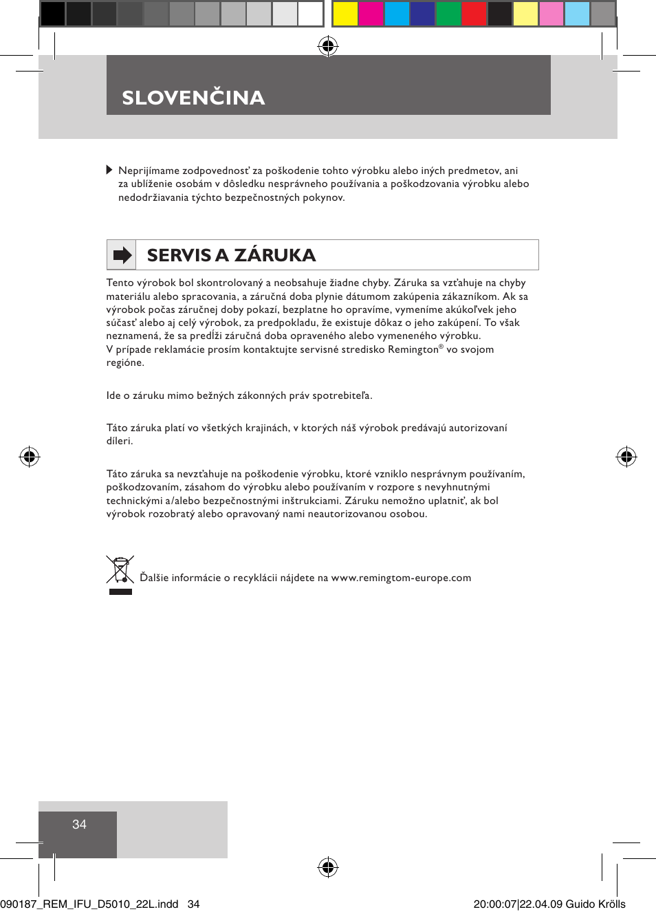 Slovenčina, Servis a záruka | Remington D5010 User Manual | Page 36 / 72
