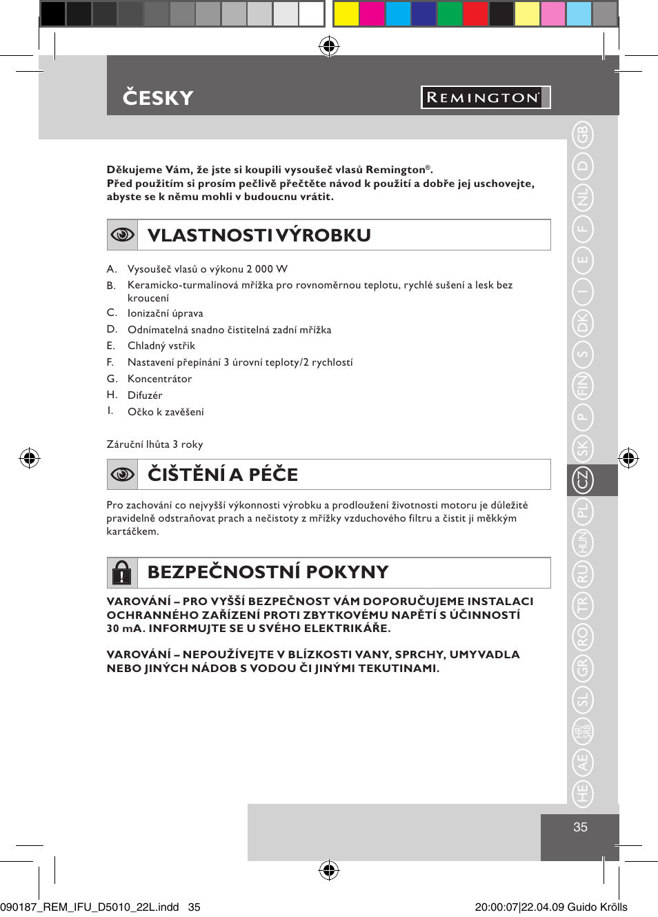 Česky, Vlastnosti výrobku, Čištění a péče | Bezpečnostní pokyny | Remington D5010 User Manual | Page 37 / 72