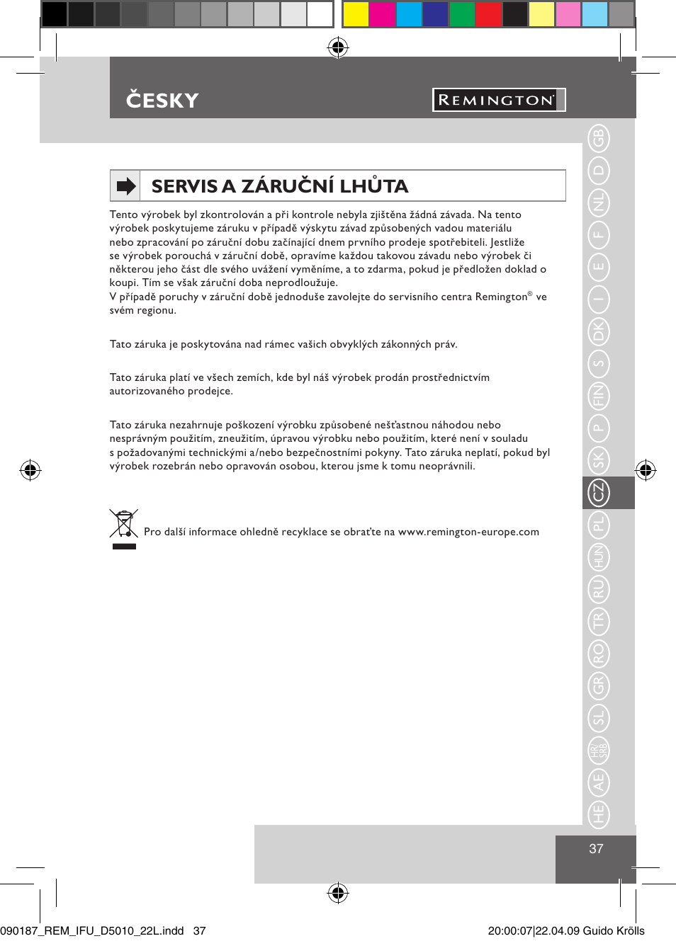 Česky, Servis a záruční lhůta | Remington D5010 User Manual | Page 39 / 72