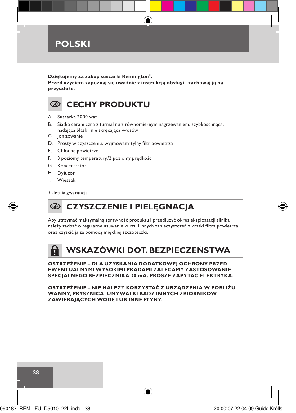Polski, Cechy produktu, Czyszczenie i pielęgnacja | Wskazówki dot. bezpieczeństwa | Remington D5010 User Manual | Page 40 / 72