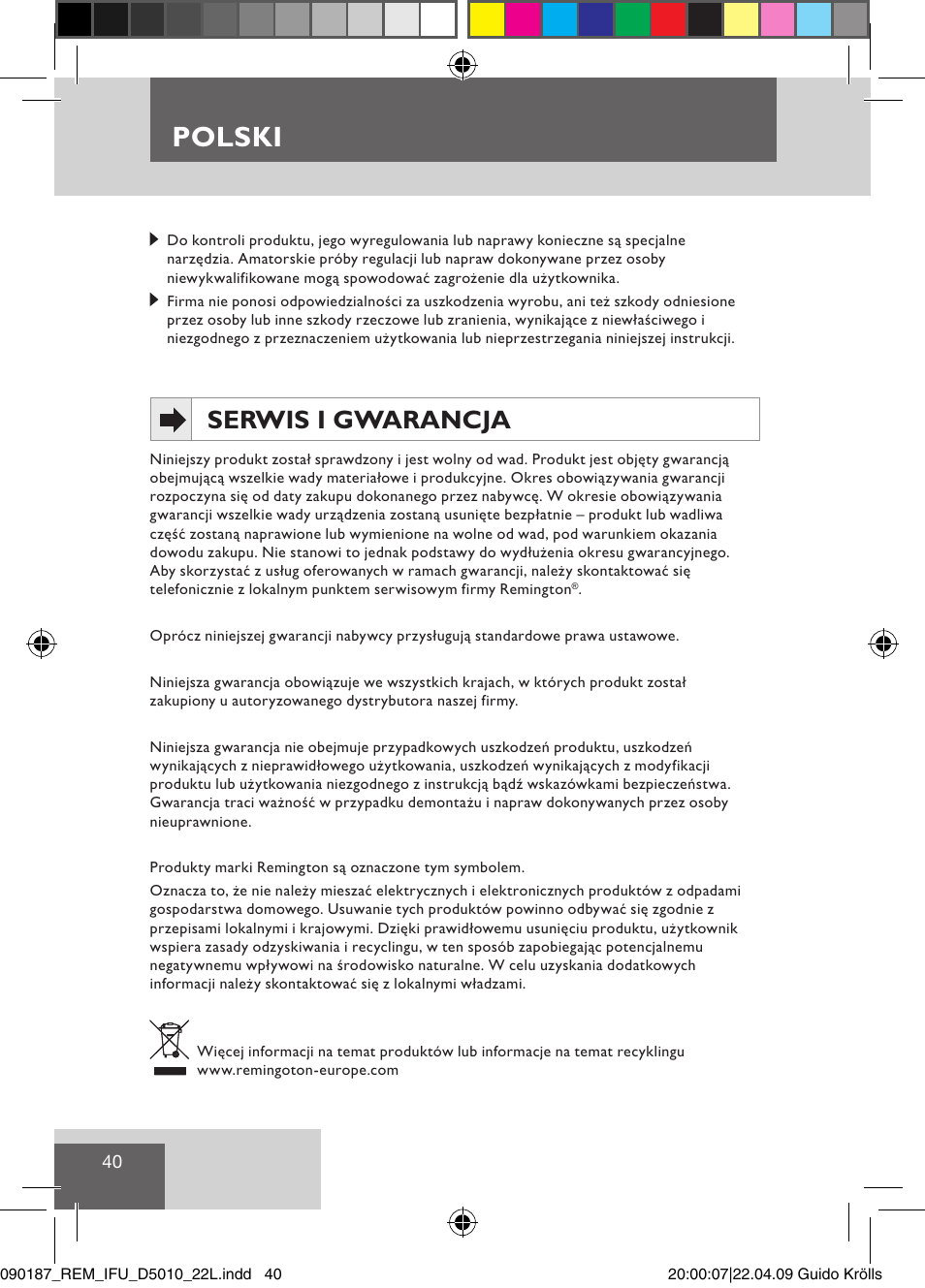 Polski, Serwis i gwarancja | Remington D5010 User Manual | Page 42 / 72