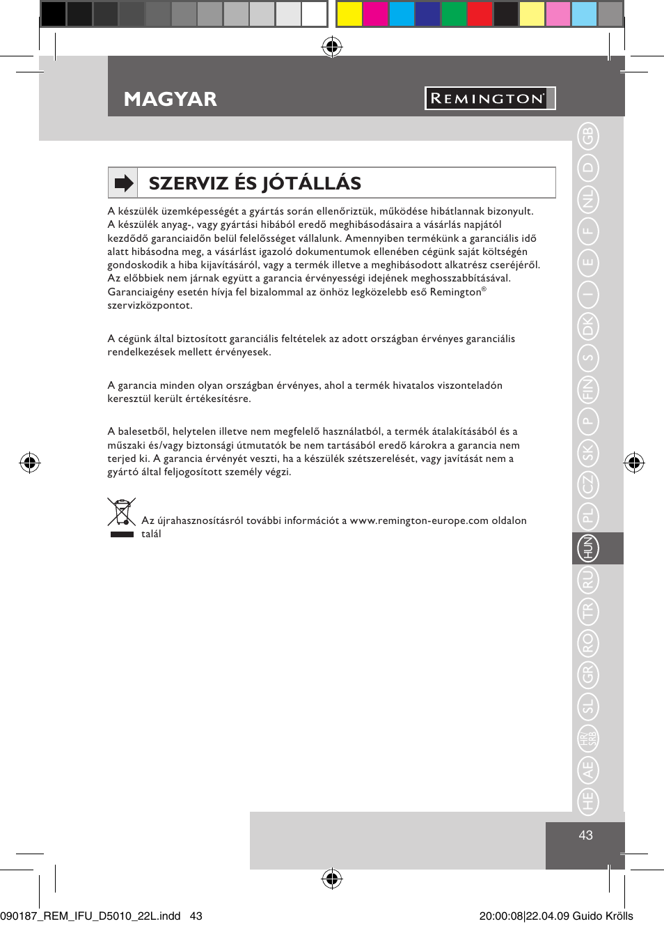 Magyar, Szerviz és jótállás | Remington D5010 User Manual | Page 45 / 72