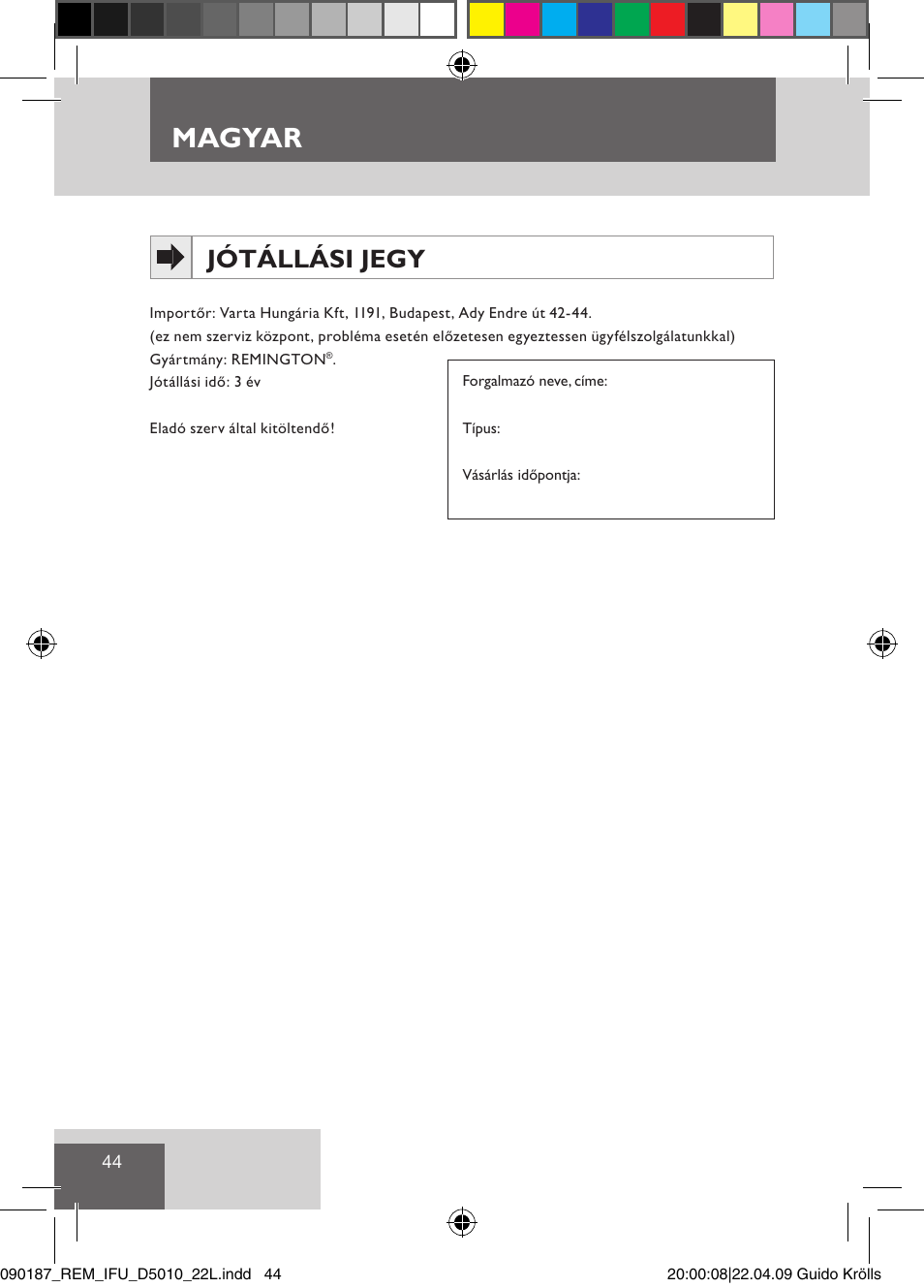 Magyar, Jótállási jegy | Remington D5010 User Manual | Page 46 / 72