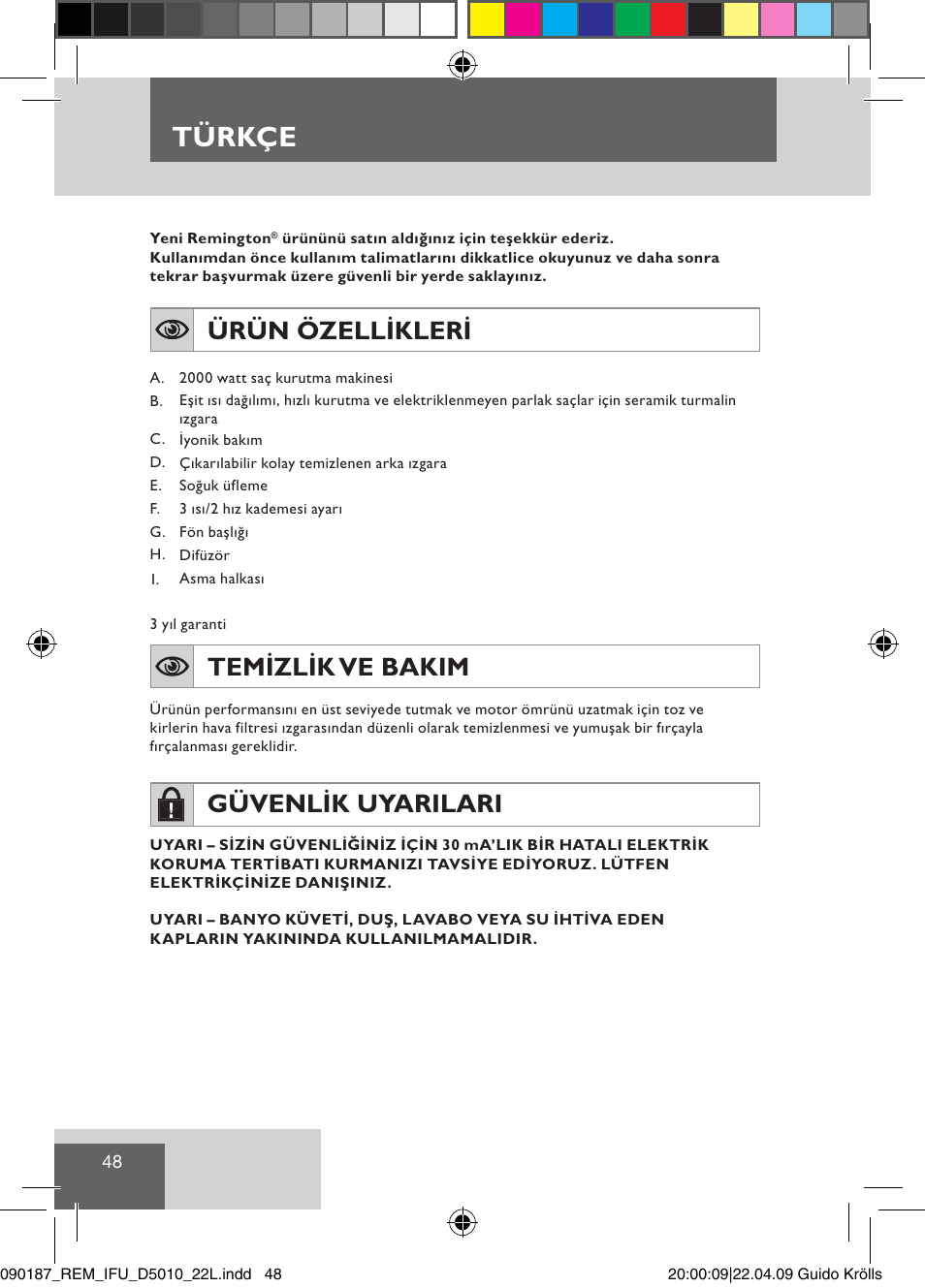 Türkçe, Ürün özellikleri, Temizlik ve bakim | Güvenlik uyarilari | Remington D5010 User Manual | Page 50 / 72