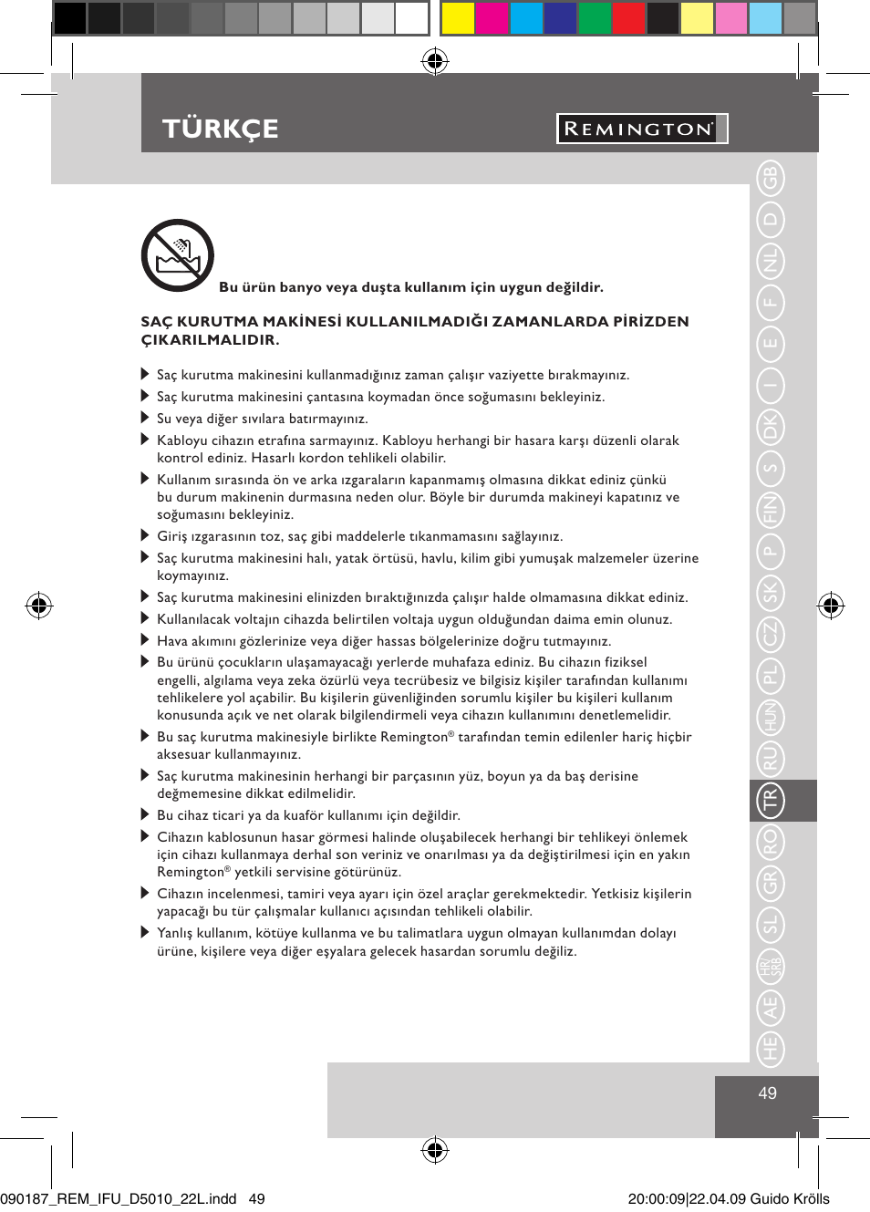 Türkçe | Remington D5010 User Manual | Page 51 / 72