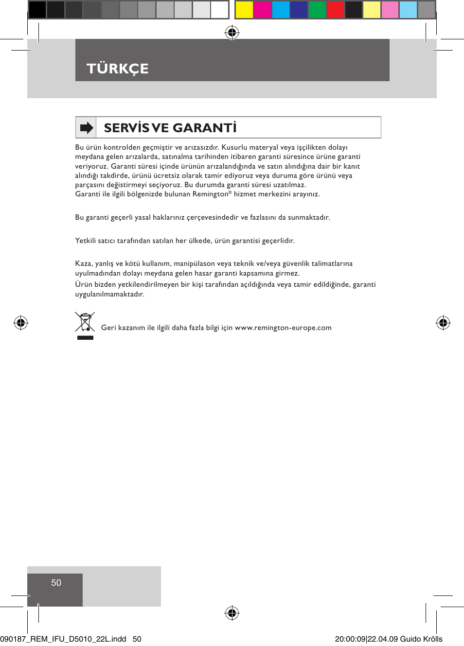 Türkçe, Servis ve garanti | Remington D5010 User Manual | Page 52 / 72