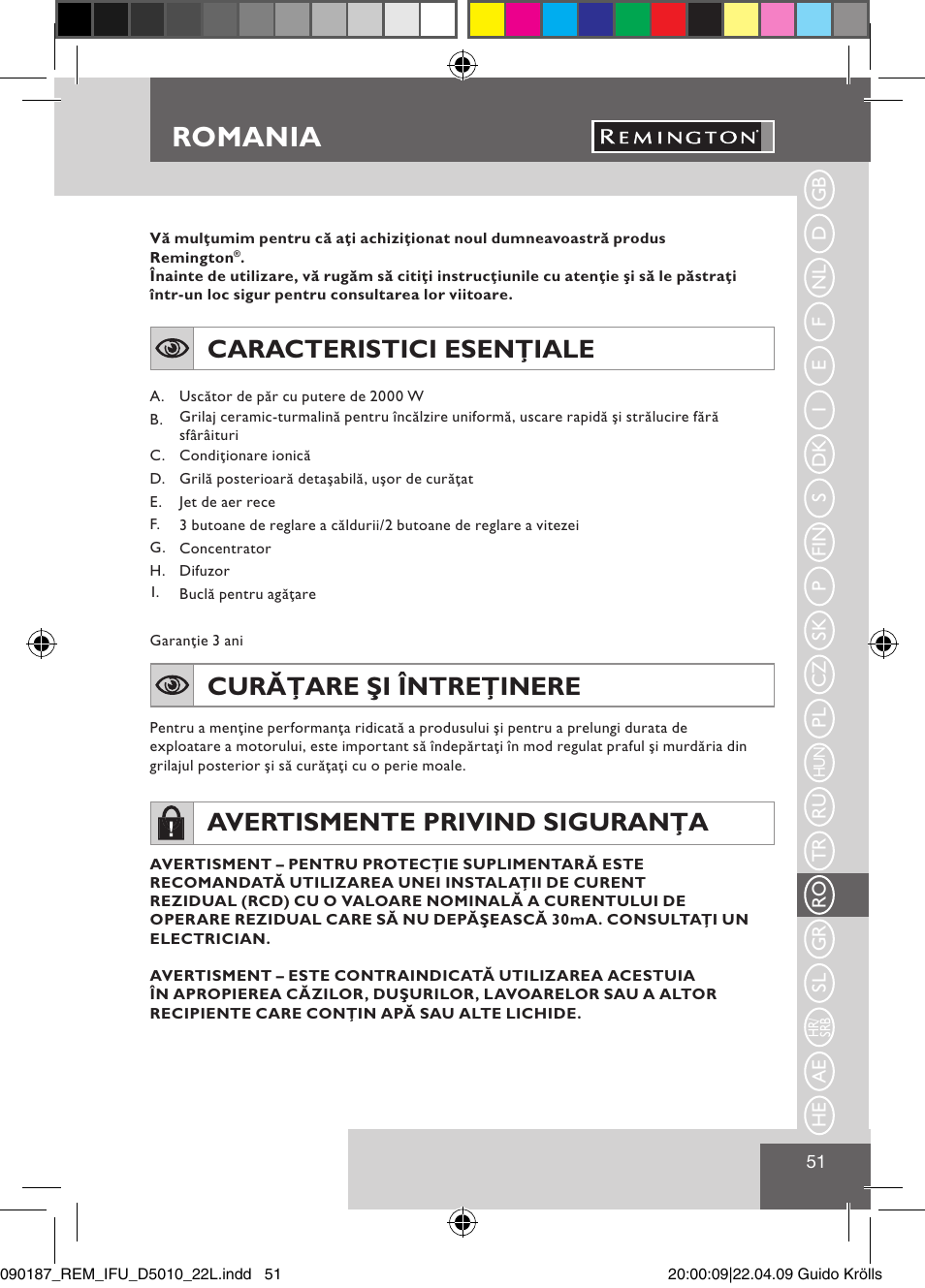 Romania, Caracteristici esenţiale, Curăţare şi întreţinere | Avertismente privind siguranţa | Remington D5010 User Manual | Page 53 / 72