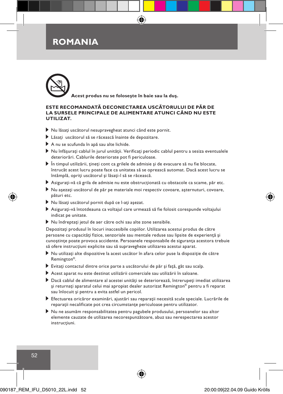 Romania | Remington D5010 User Manual | Page 54 / 72