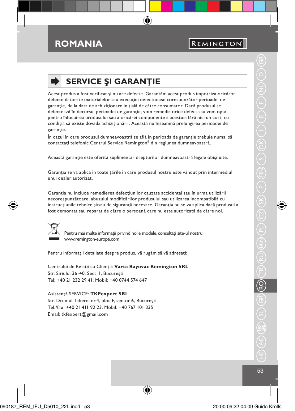 Romania, Service şi garanţie | Remington D5010 User Manual | Page 55 / 72