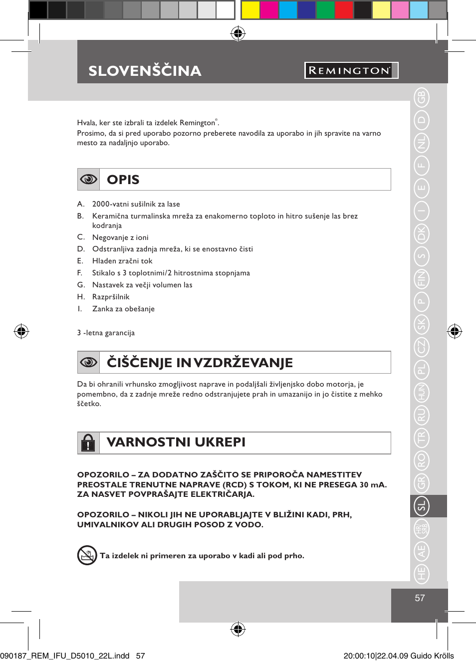 Slovenščina, Opis, Čiščenje in vzdrževanje | Varnostni ukrepi | Remington D5010 User Manual | Page 59 / 72