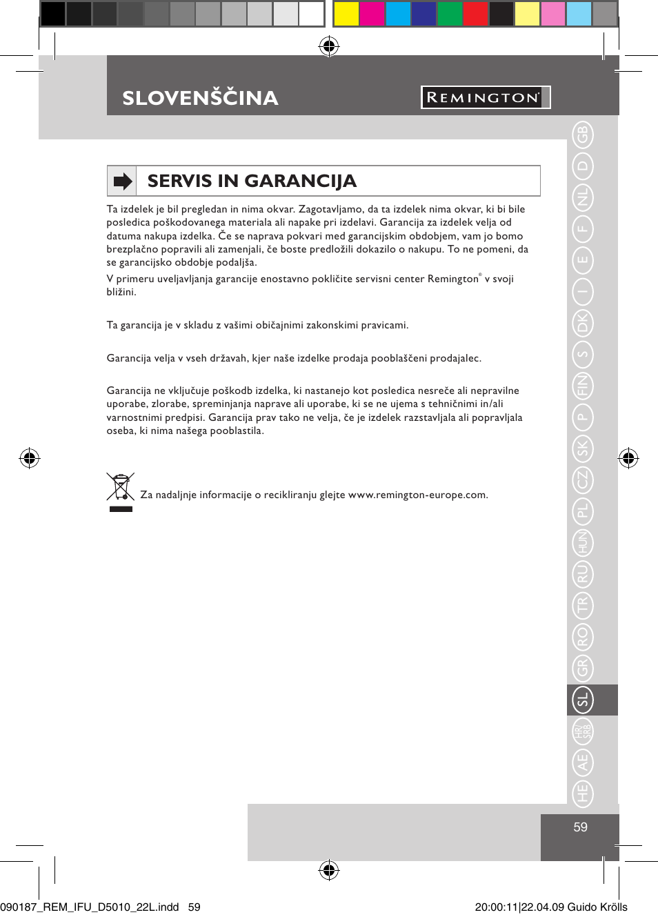 Slovenščina, Servis in garancija | Remington D5010 User Manual | Page 61 / 72