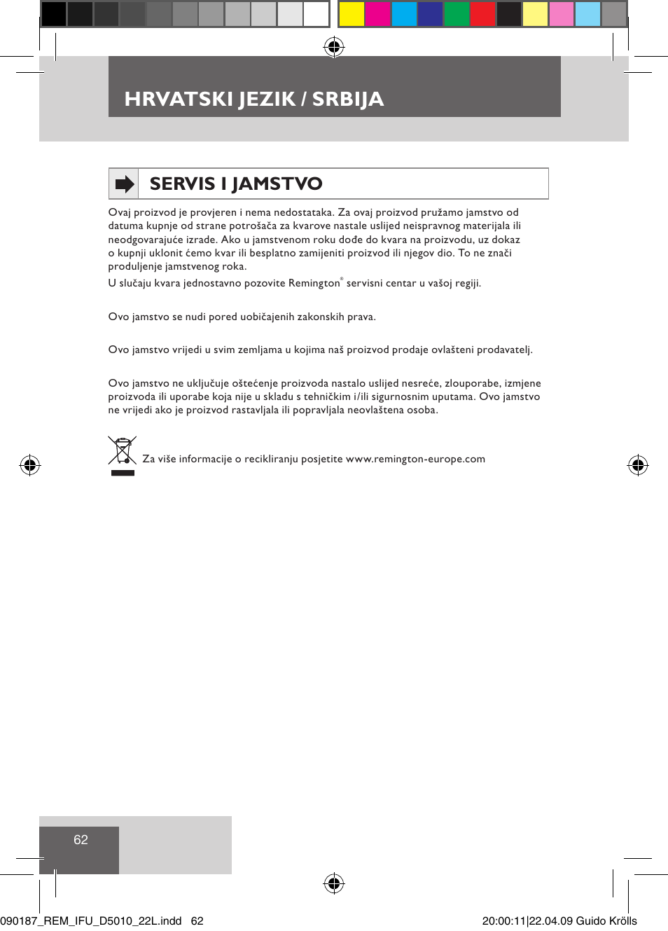 Hrvatski jezik / srbija, Servis i jamstvo | Remington D5010 User Manual | Page 64 / 72