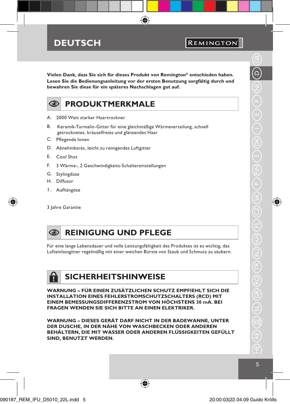 Deutsch, Produktmerkmale, Reinigung und pflege | Sicherheitshinweise | Remington D5010 User Manual | Page 7 / 72