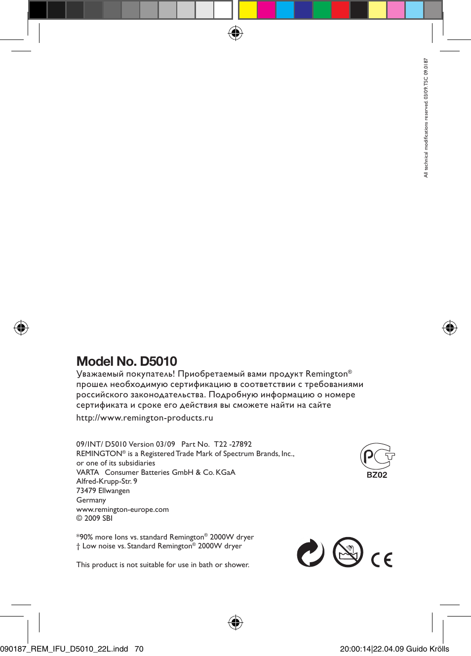 Model no. d5010 | Remington D5010 User Manual | Page 72 / 72