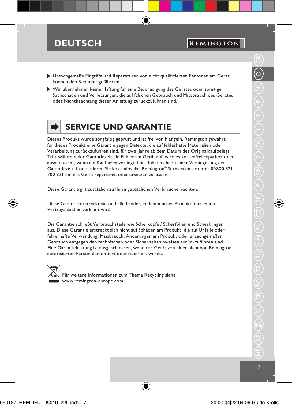 Deutsch, Service und garantie | Remington D5010 User Manual | Page 9 / 72