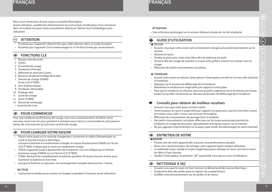 Français | Remington F7800 User Manual | Page 10 / 60